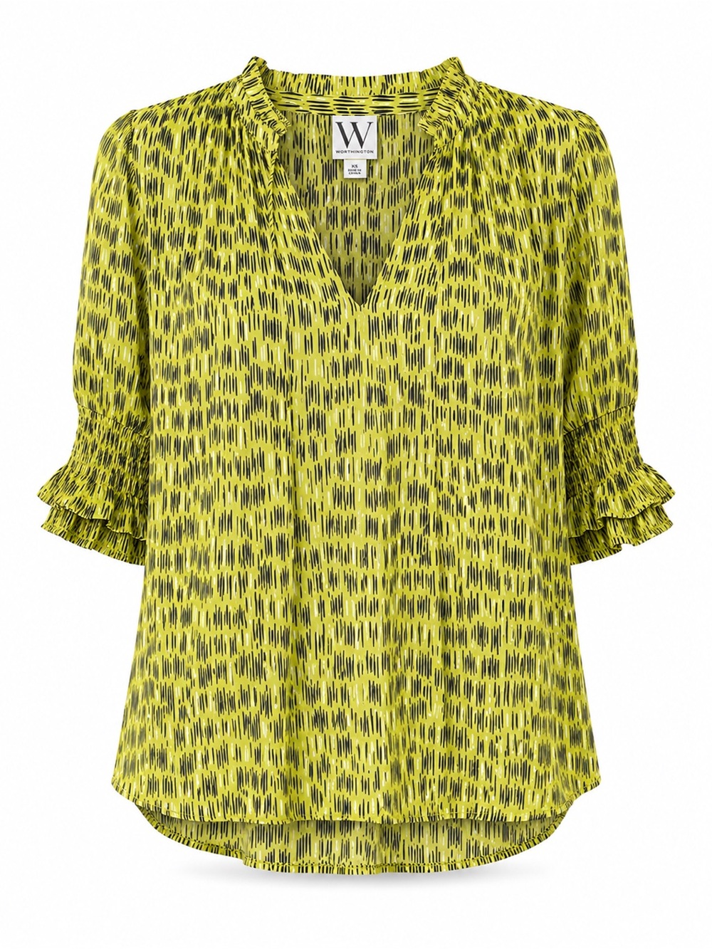 EUC Womens Worthington XL Lime Green Graphic Print Tie Neck Top Ruched Sleeves